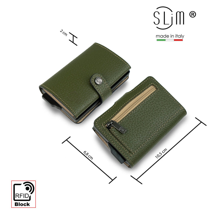 Porta Carte Vera Pelle Stampa Cinghialino Verde/Beige con ZIp