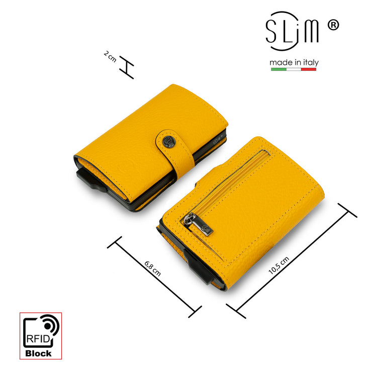 Porta Carte Vera Pelle Bottalato Giallo con zip porta monete