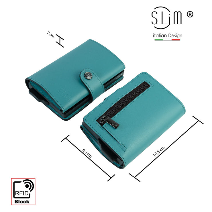 Porta Carte Vera Pelle Turchese con zip porta monete