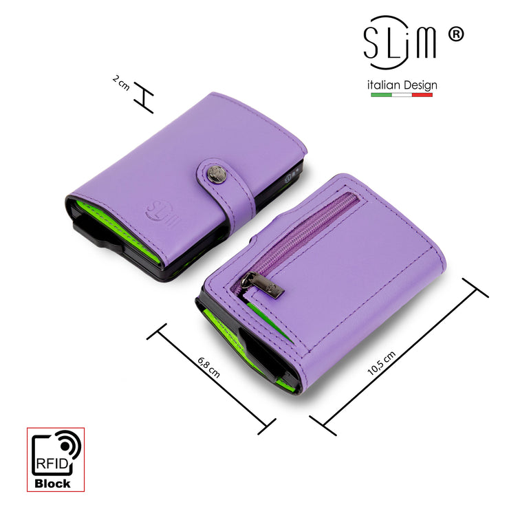 SLim®️ genuine leather wallet purple/lime green with coin pocket and zip