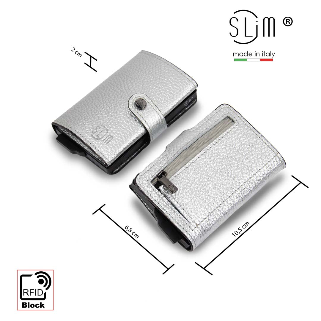Porta Carte Vera Pelle Bottalato Metal Argento con zip porta monete