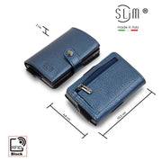 Porta Carte Vera Pelle Bottalato Metal Blu con zip porta monete