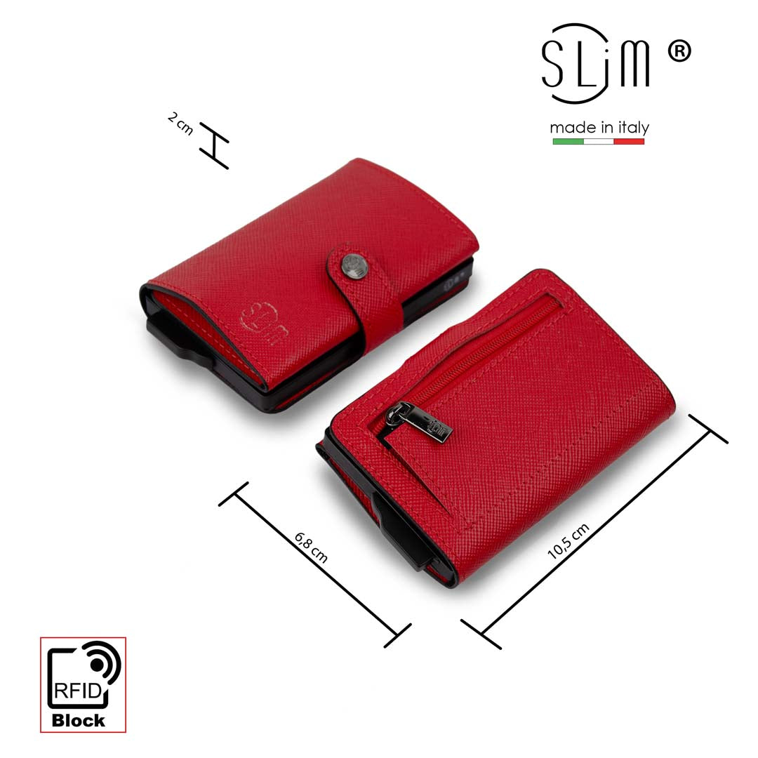 Portacarte Vera Pelle Saffiano Anti Graffio Rosso con zip