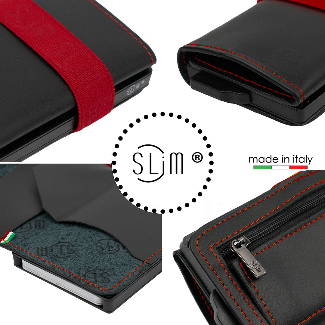 Genuine Black Leather Card Holder with Red Elastic and Zip Coin Pocket 
