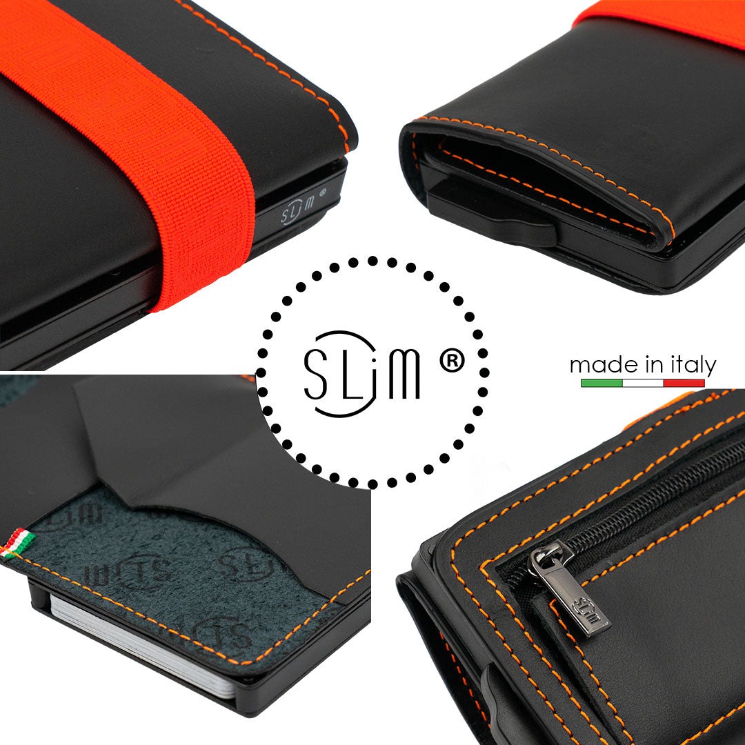 Genuine Black Leather Card Holder with Orange Elastic and Zip Coin Pocket 