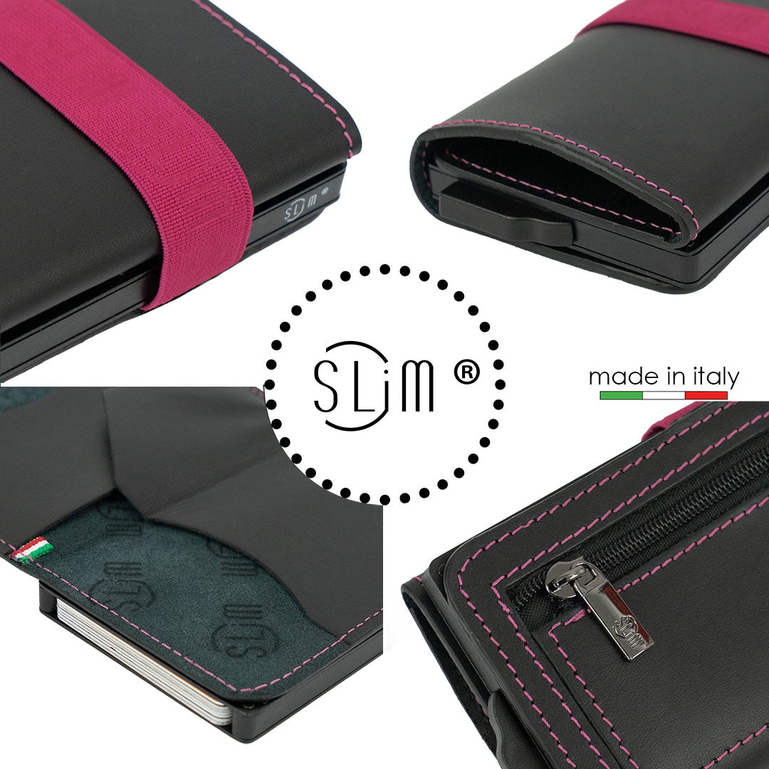 Porta Carte Vera Pelle Nero con Elastico Fucsia e Zip porta monete