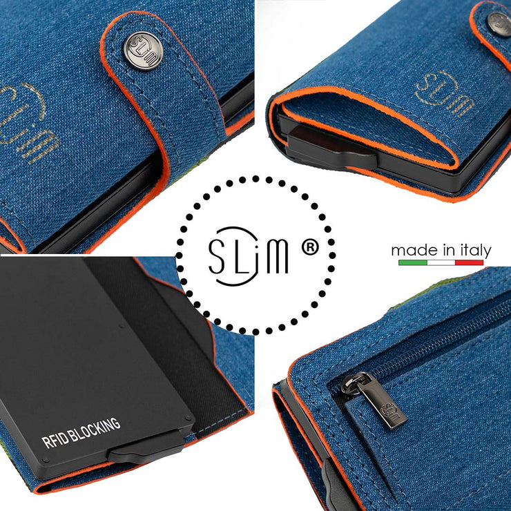 Porta Carte Jeans Bordino Arancio con zip porta monete