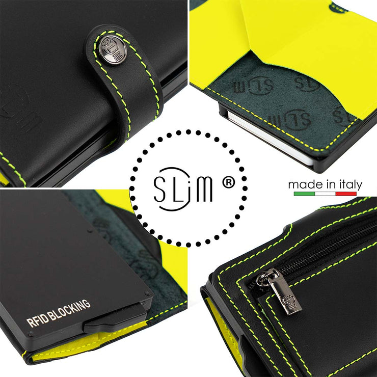 Porta Carte Vera Pelle Nero e Lime con zip porta monete