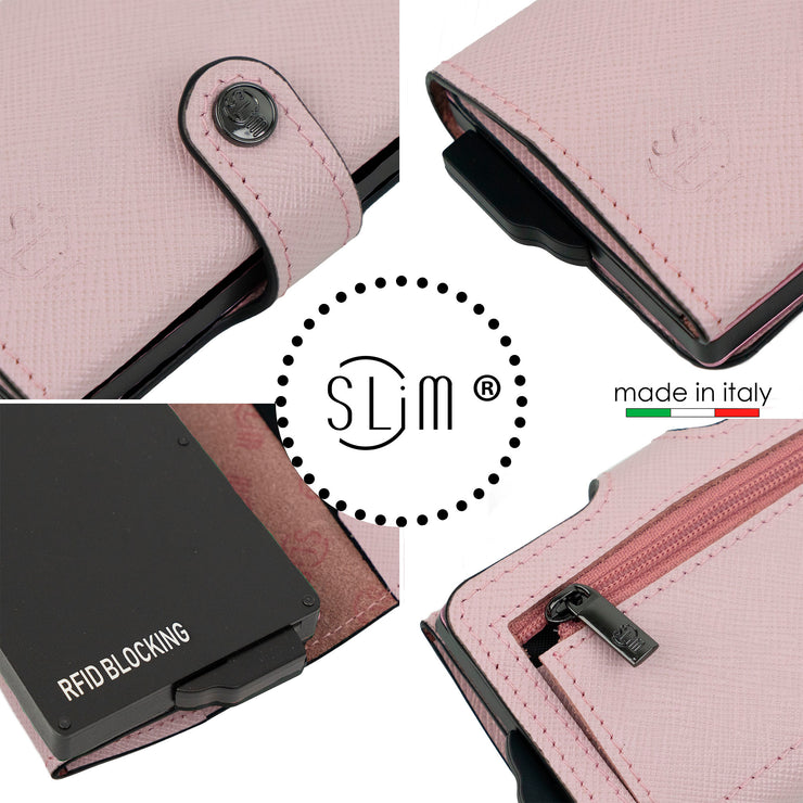 Porta Carte Vera Pelle Saffiano Anti Graffio Rosa con Zip