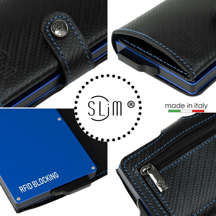 Porta Carte Vera Pelle Carbon Style con Cassa e Cuciture Blu