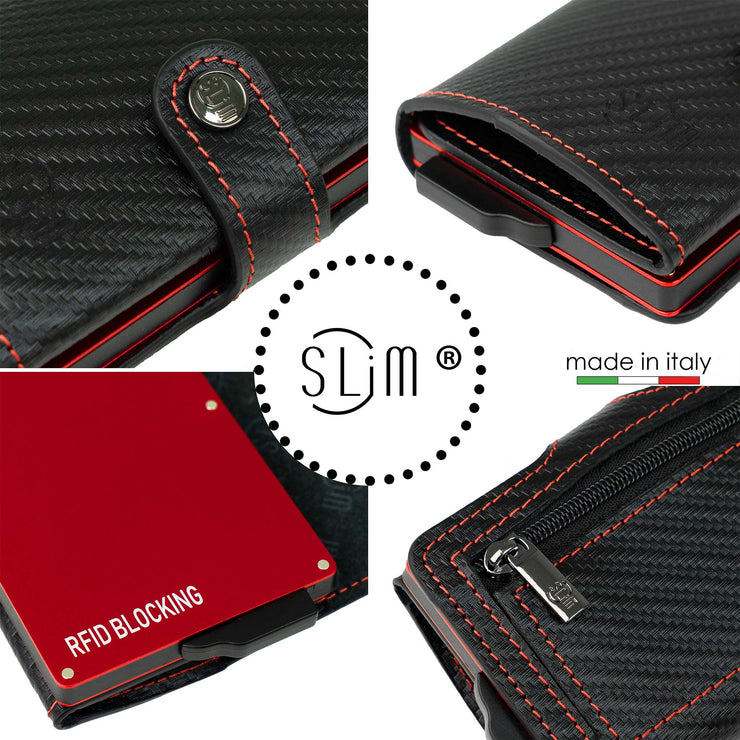 Porta Carte Vera Pelle Carbon Style con Cassa e Cuciture Rosse