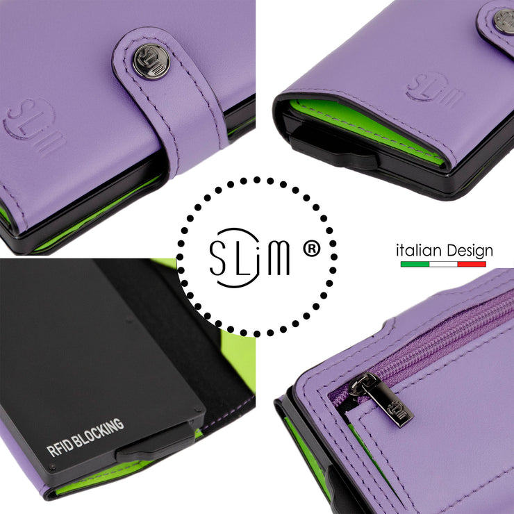 SLim®️ genuine leather wallet purple/lime green with coin pocket and zip