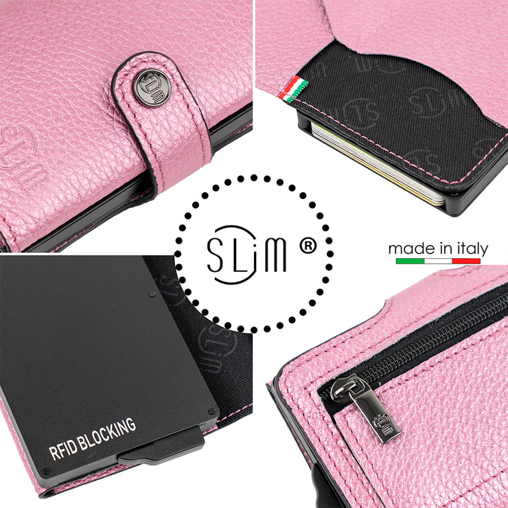 Porta Carte Vera Pelle Bottalato Metal Rosa