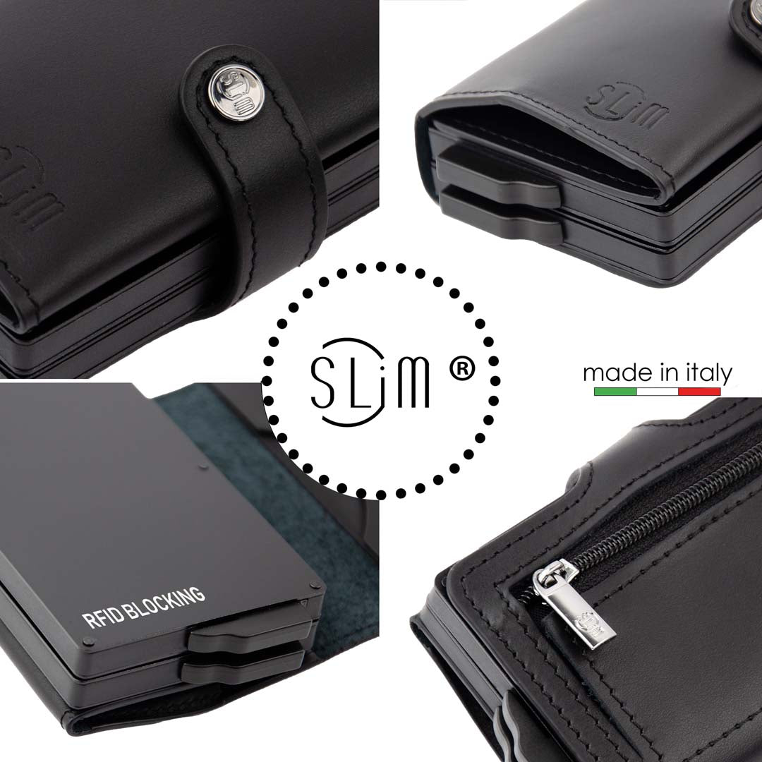 Porta Carte Vera Pelle Nero con zip Doppia cassa