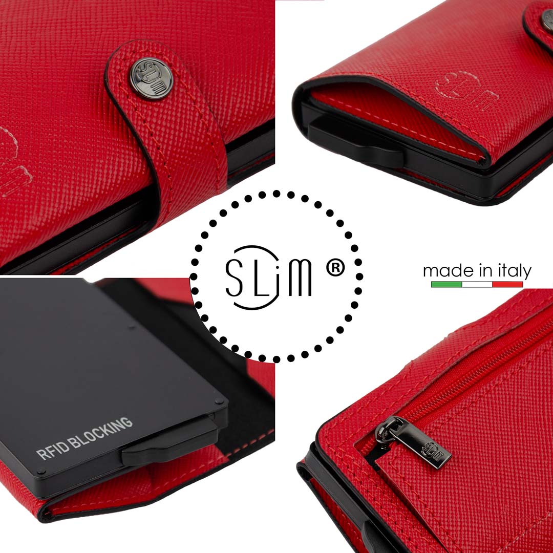 Portacarte Vera Pelle Saffiano Anti Graffio Rosso con zip