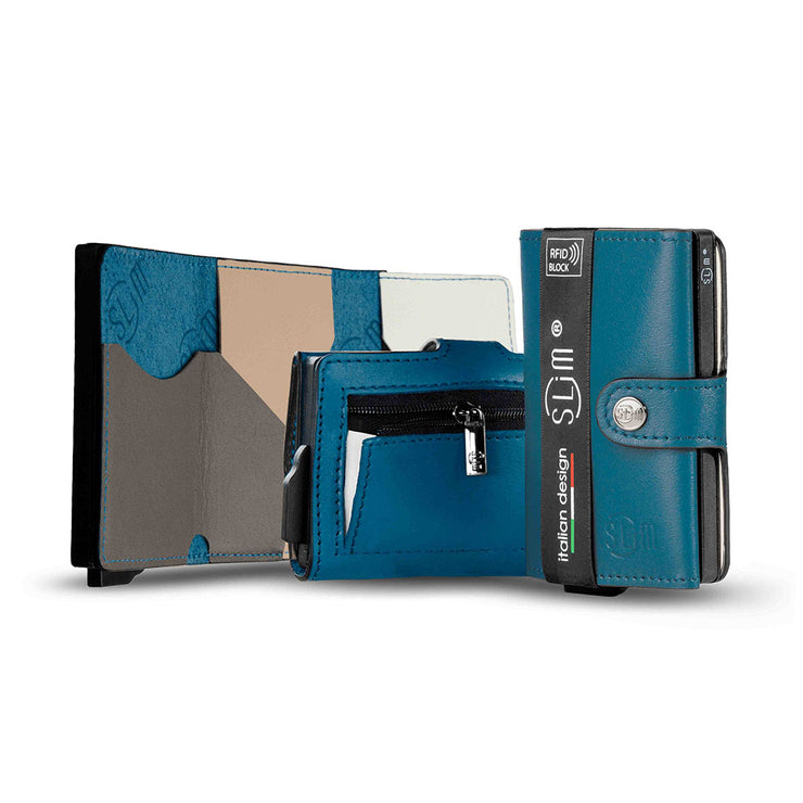 Porta Carte Vera Pelle Multicolor Blu Petrolio Con Zip