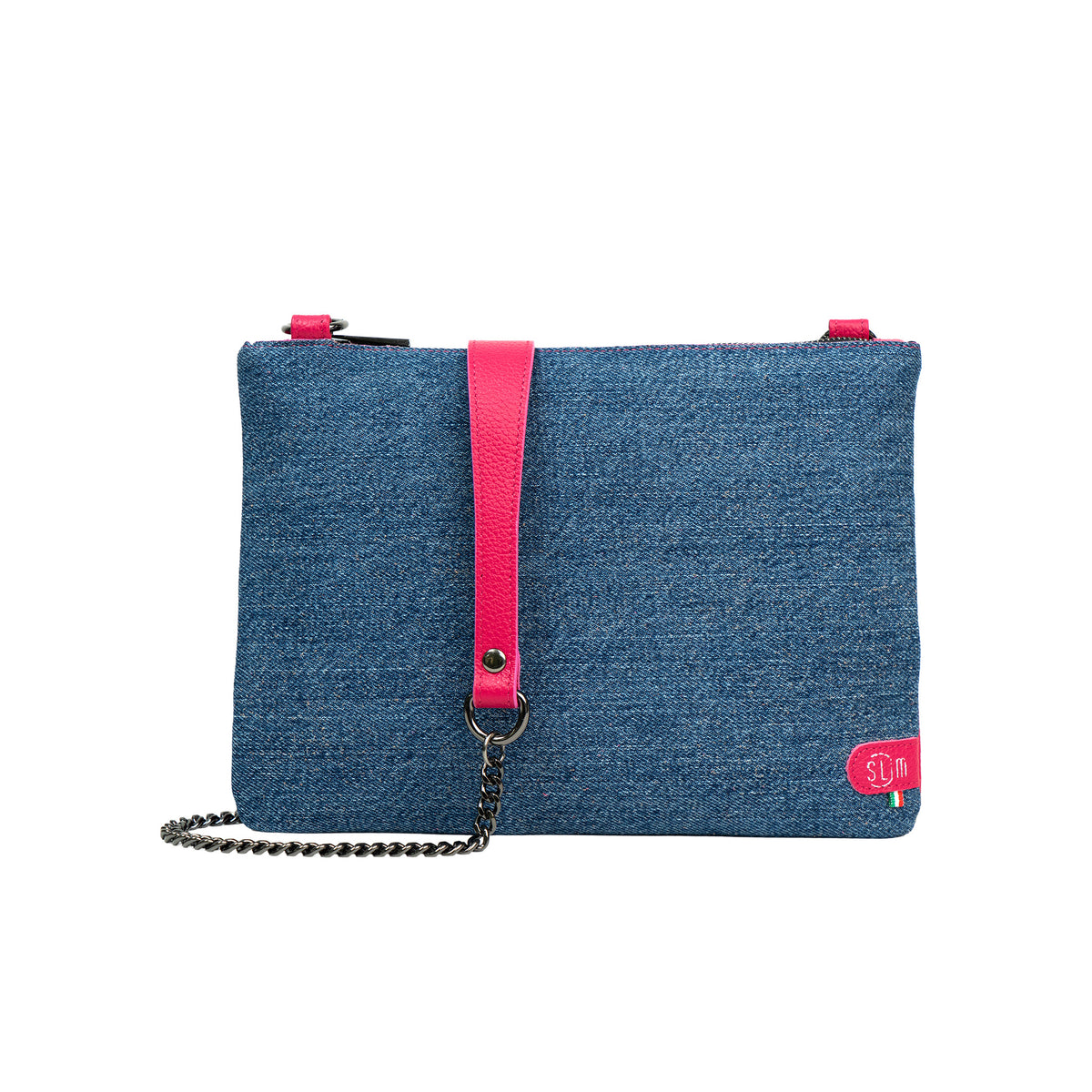 Pochette con Tracolla Jeans e Vera Pelle Bottalato Fucsia