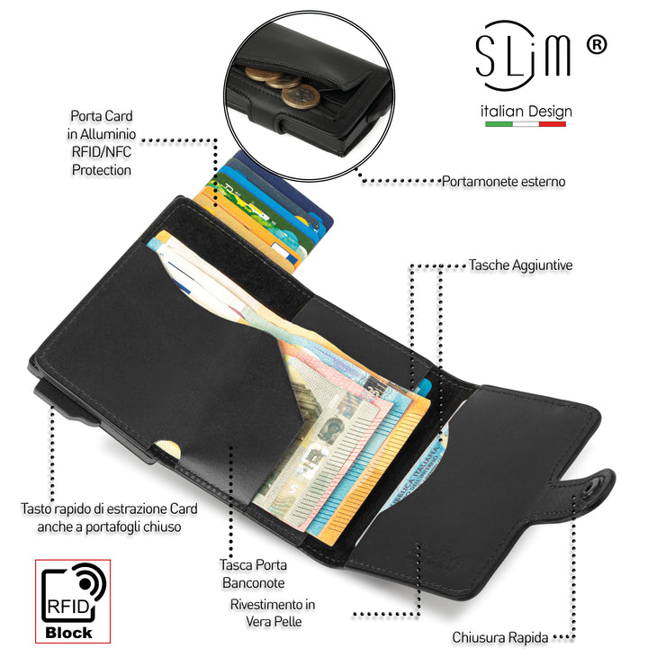 Porta Carte Vera Pelle Nero Con Zip