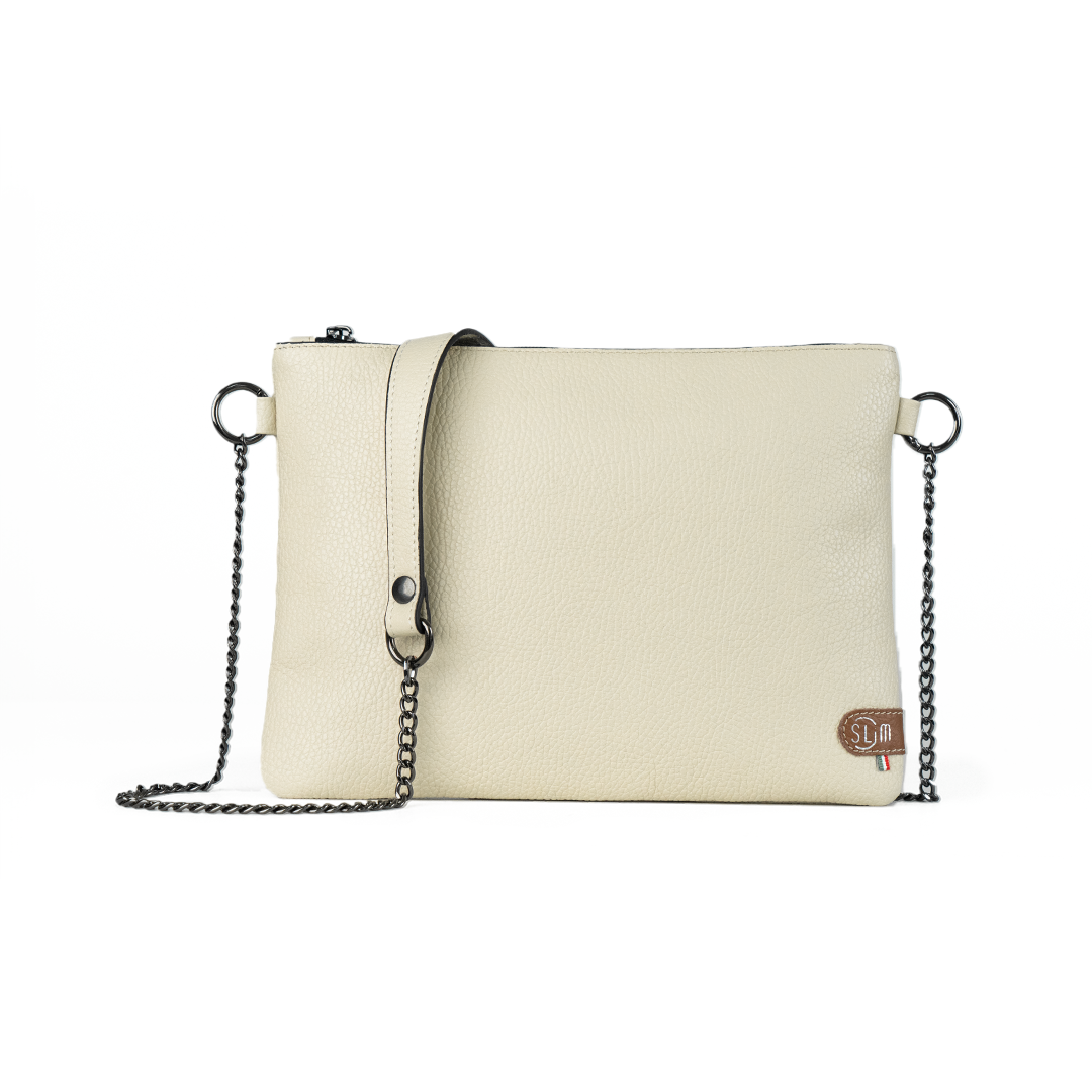 SLim®️ drummed genuine leather clutch bag with shoulder strap beige