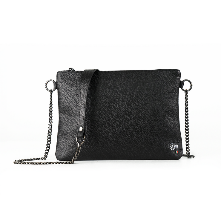 Pochette con Tracolla Vera Pelle Bottalato Nero