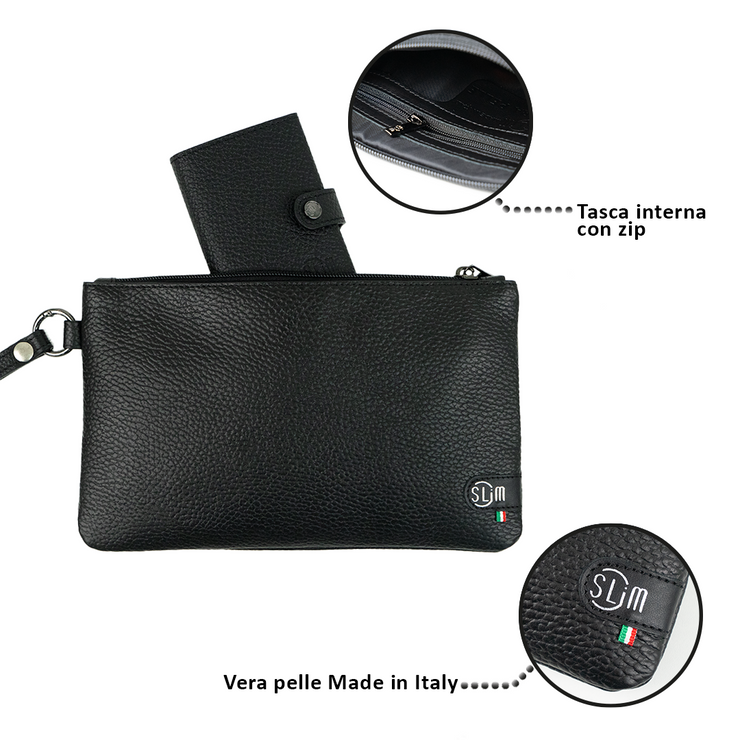 Pochette con Polsiera Vera Pelle Bottalato Nero