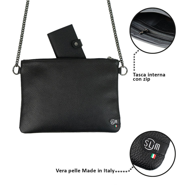 Pochette con Tracolla Vera Pelle Bottalato Nero