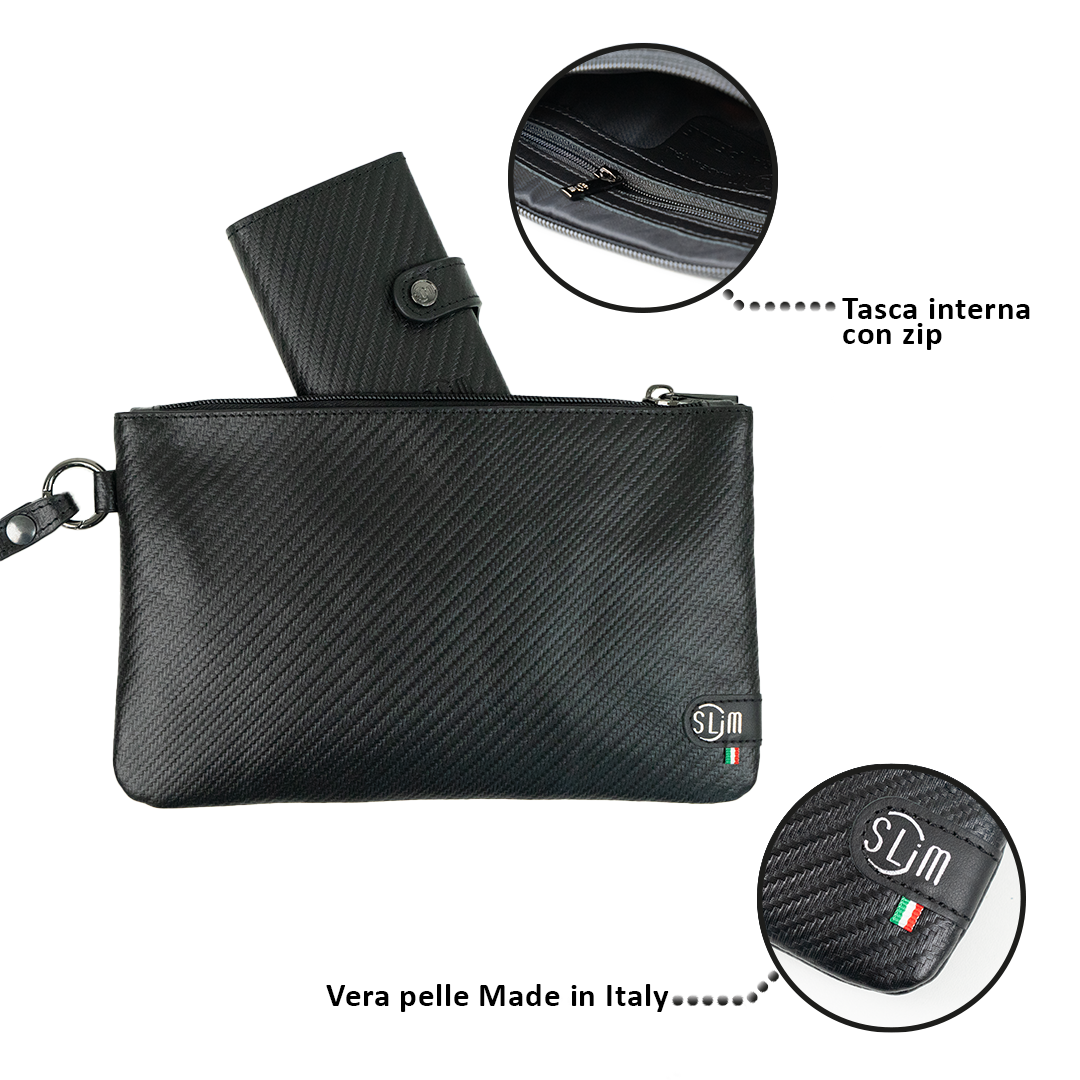 SLim®️ carbon style genuine leather clutch bag with wristband black