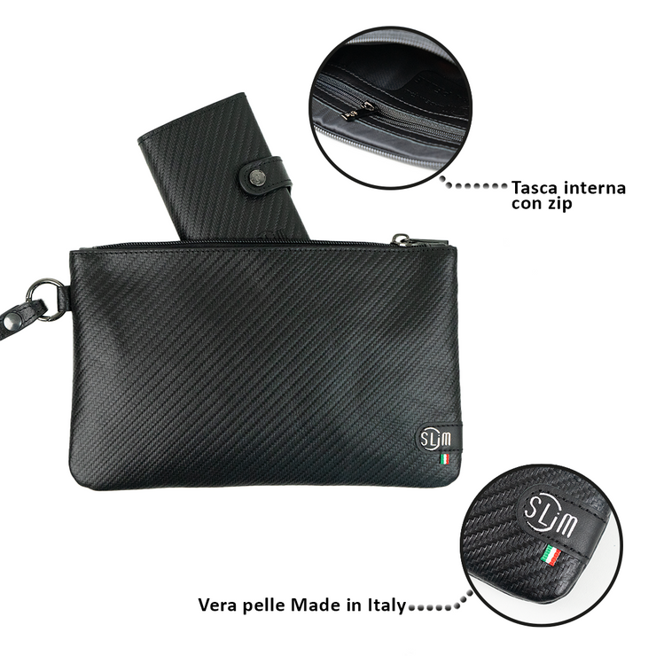 Pochette con Polsiera Vera Pelle Carbon Nero