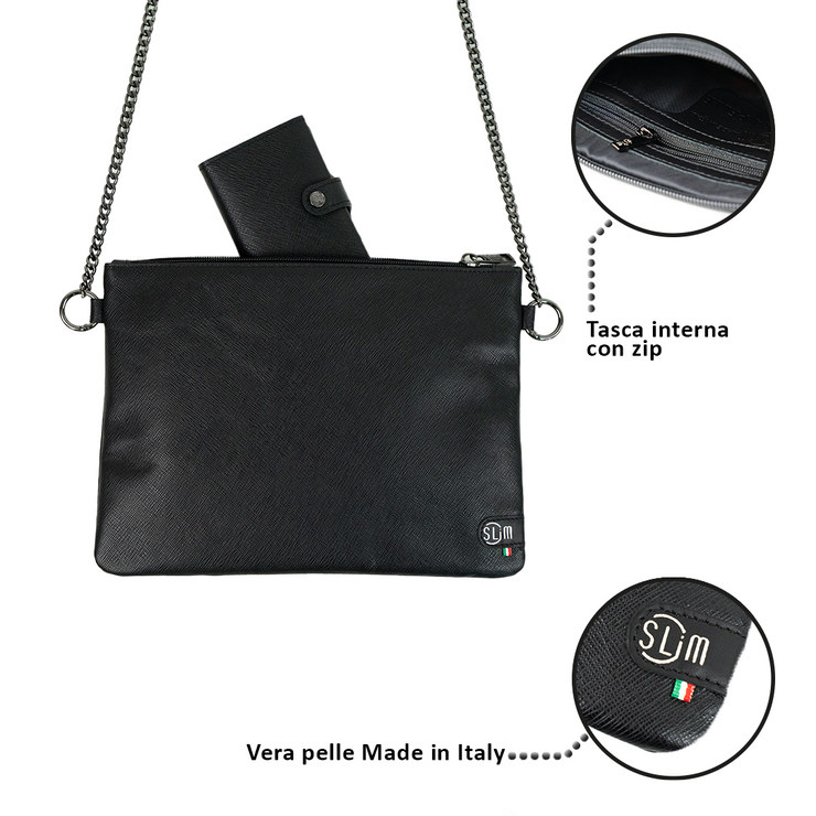 Pochette con Tracolla Vera Pelle Saffiano Nero