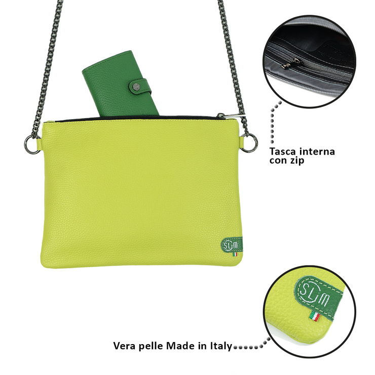 Pochette con Tracolla Vera Pelle Bottalato Verde Lime