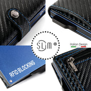 Porta Carte Carbon Nero con zip Cassa e Cuciture Blu pelle PU