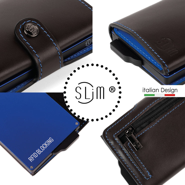 Porta Carte Vera Pelle Marrone Blu Cuciture e Cassa Blu con zip