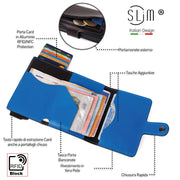 Porta Carte Vera Pelle Marrone Blu Cuciture e Cassa Blu con zip