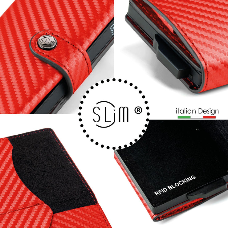 Porta Carte Carbon Rosso con zip pelle PU – SLim