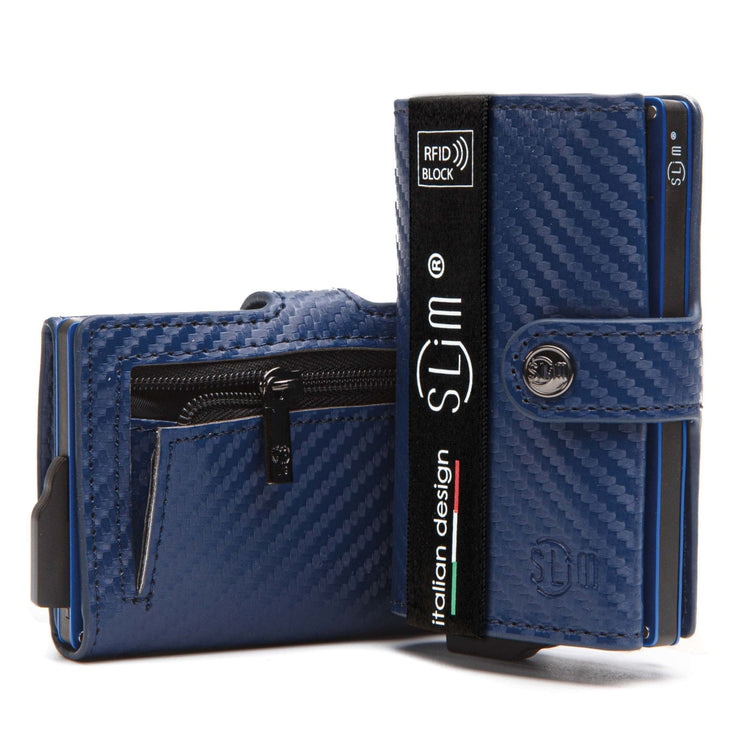 Porta Carte Carbon Blu con zip porta monete pelle PU